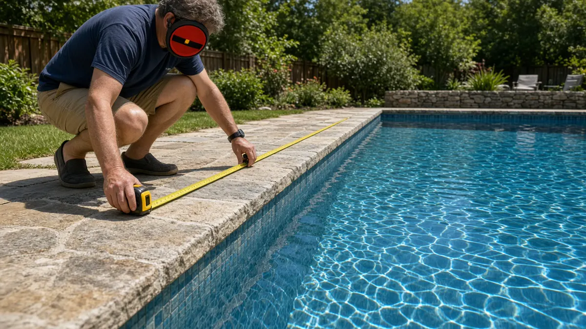 Homeowner measuring the length of a rectangular backyard swimming pool with a tape measure