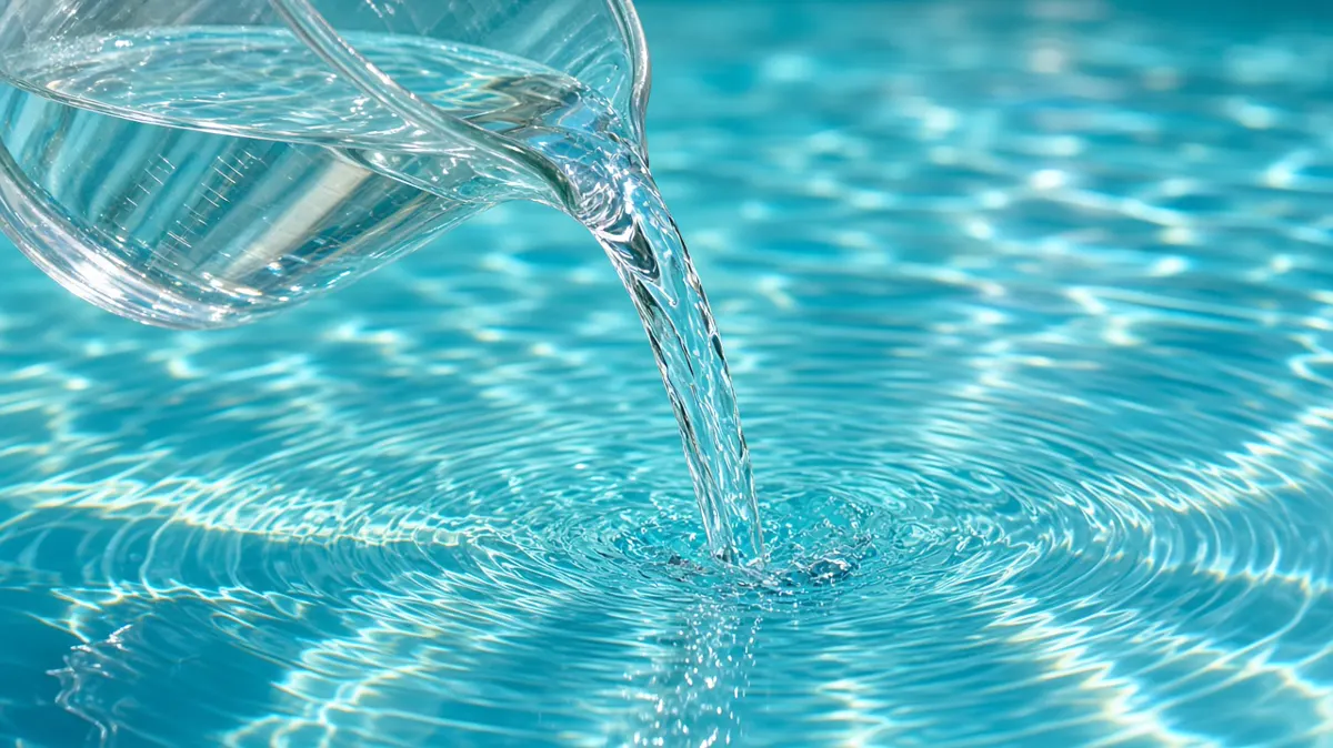 Clear water pouring from a glass measuring jug into a swimming pool