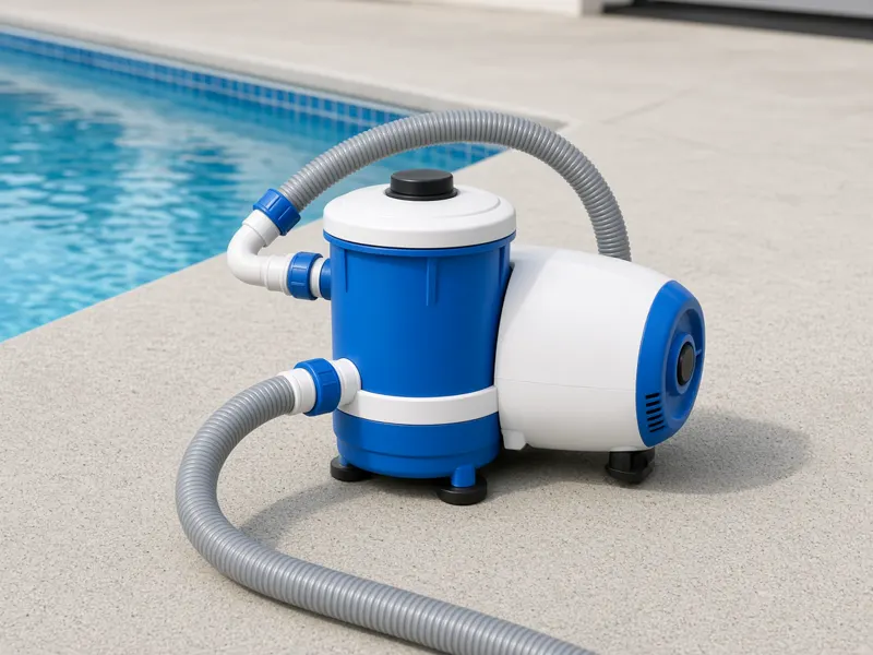 Compact swimming pool filter pump with hoses on a patio beside a pool