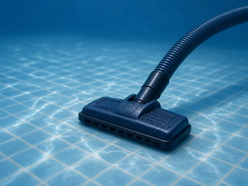 Swimming pool vacuum cleaner head and hose underwater on a pool floor